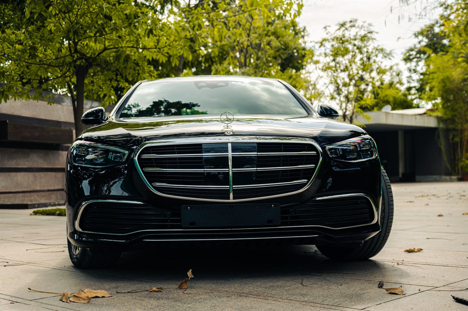 A large black sedan seen from the front, under trees, at dusk